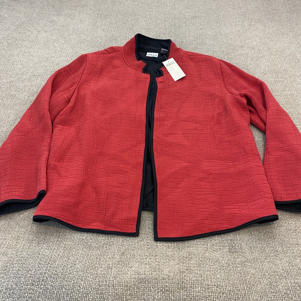 Chicos Chopstix Jacket Womens Size 3 XL Red Silk Blend Textured Lined Open Front